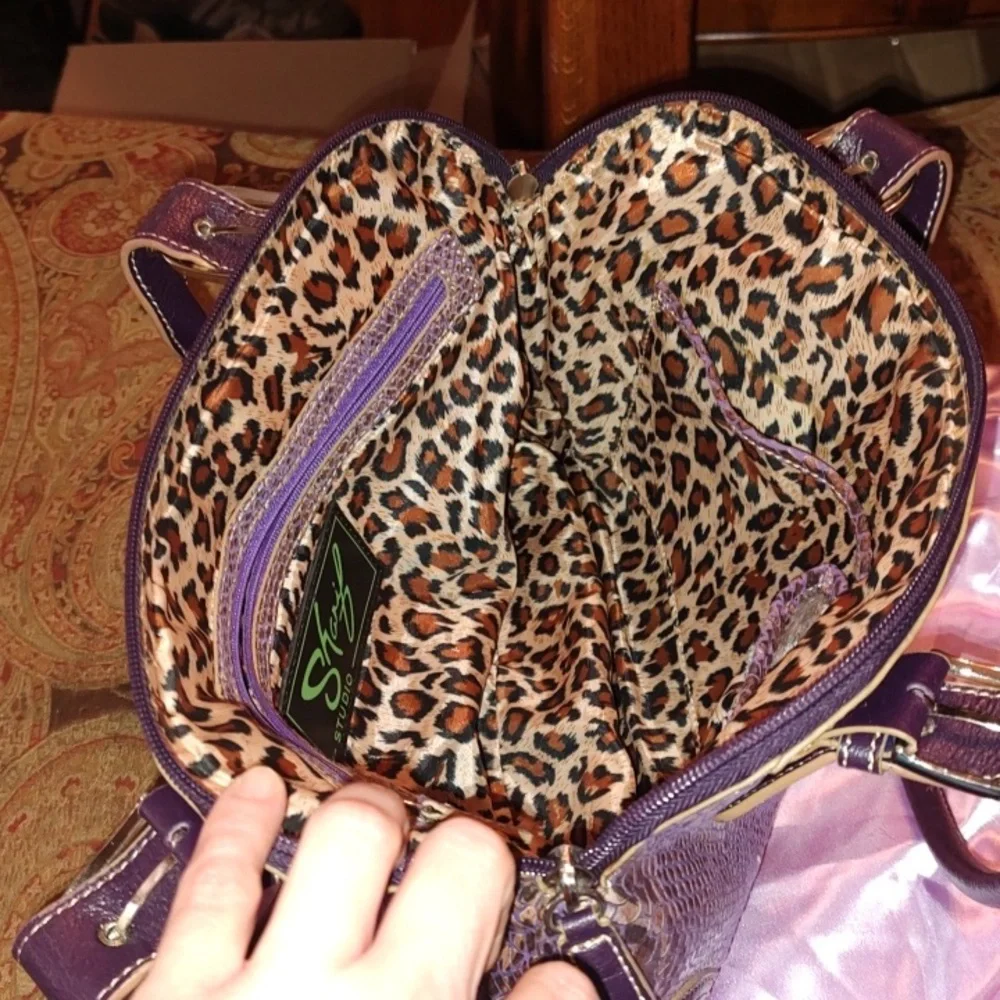 Sharif Studio Purple Snakeskin studded w/leopard print Shoulderbag. $279 Retail. - Picture 7 of 12